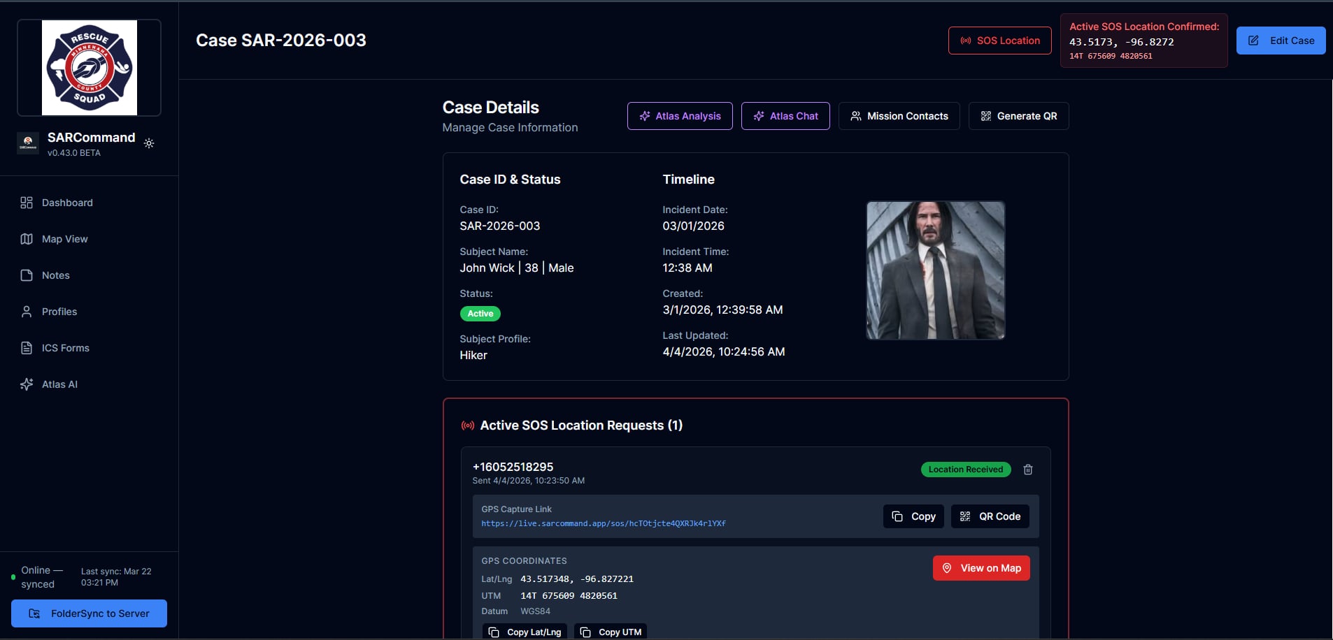 SAR Command case management interface showing active case with SOS location tracking, GPS coordinates, and subject details